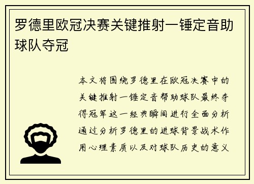 罗德里欧冠决赛关键推射一锤定音助球队夺冠